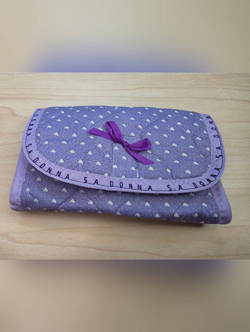 Donna/SA Donna Lavender Quilted Cosmetic Clutch with Bow Handmade NWOT